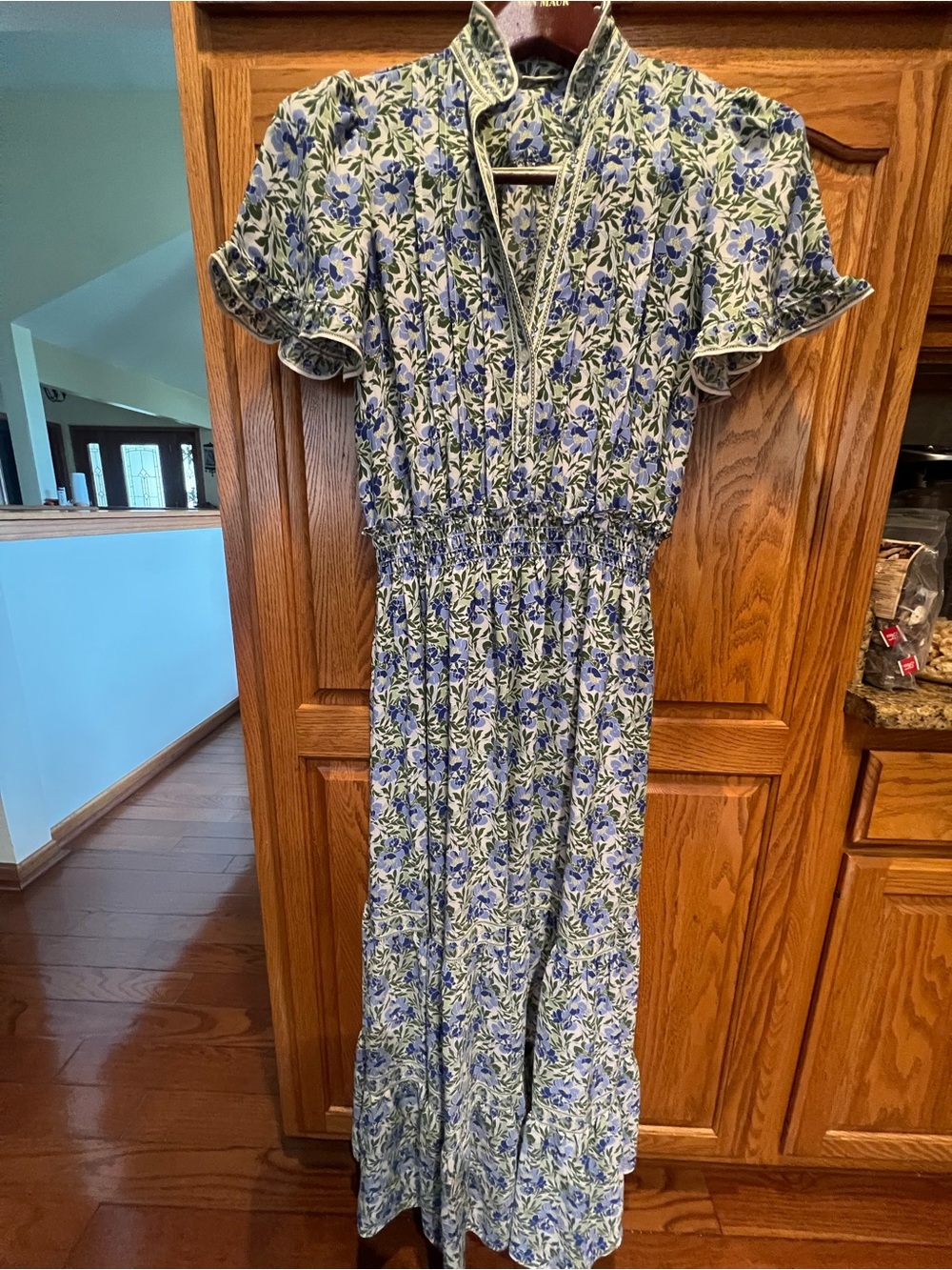 Max Studio Blue and Green Floral Maxi Dress with Smocked Waist